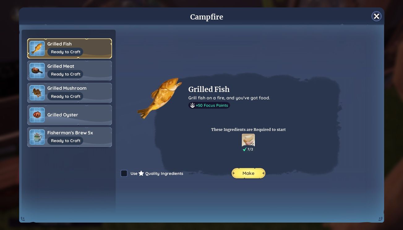 Player character in the Camfire menu, showing all five dishes cookable at it in Palia.