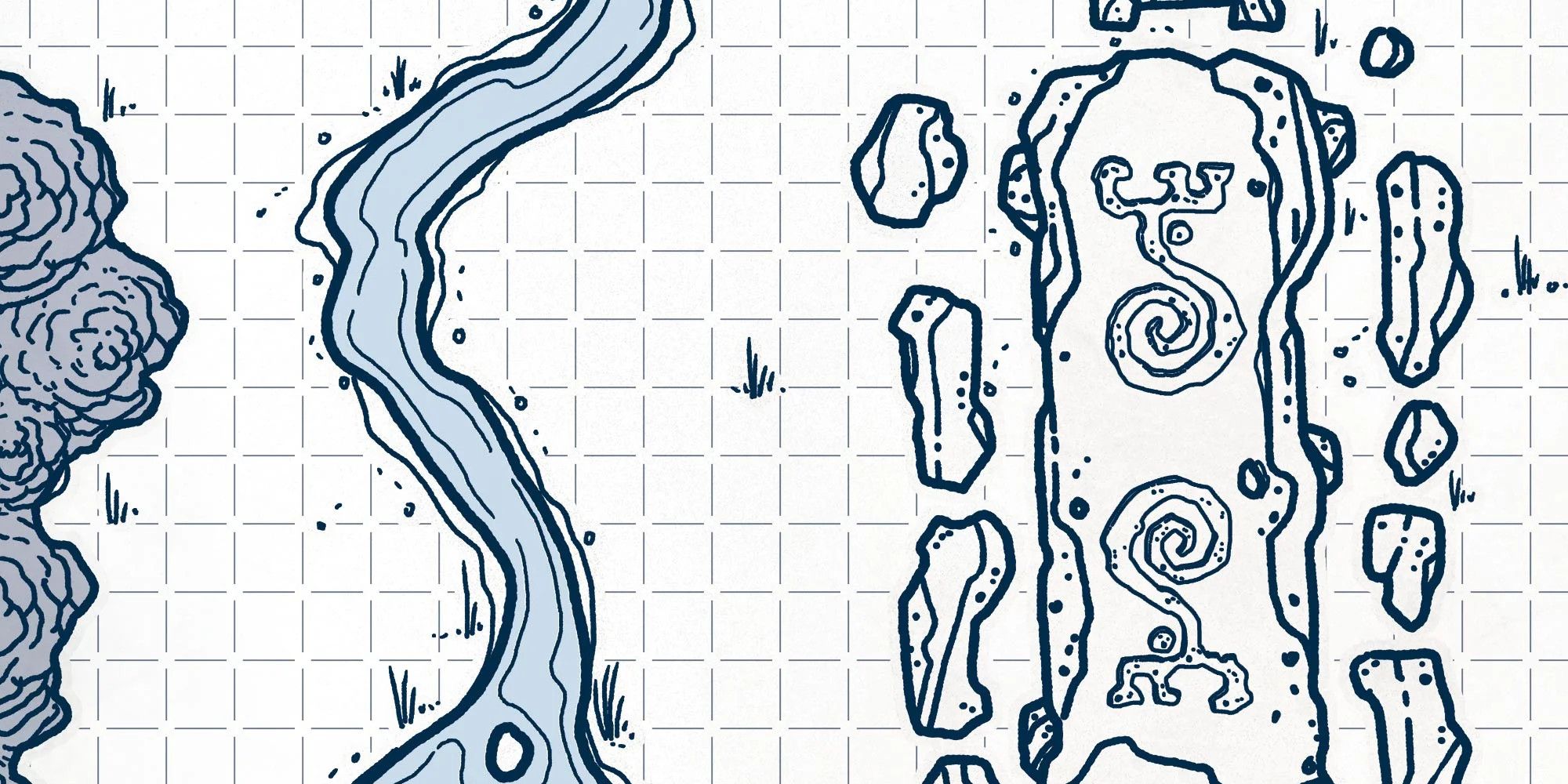 Pencil sketch style grid map of a clearing near a wooded area. Several stones with runes carved into them lay in the eastern portion, while a river cuts the map in two further west.