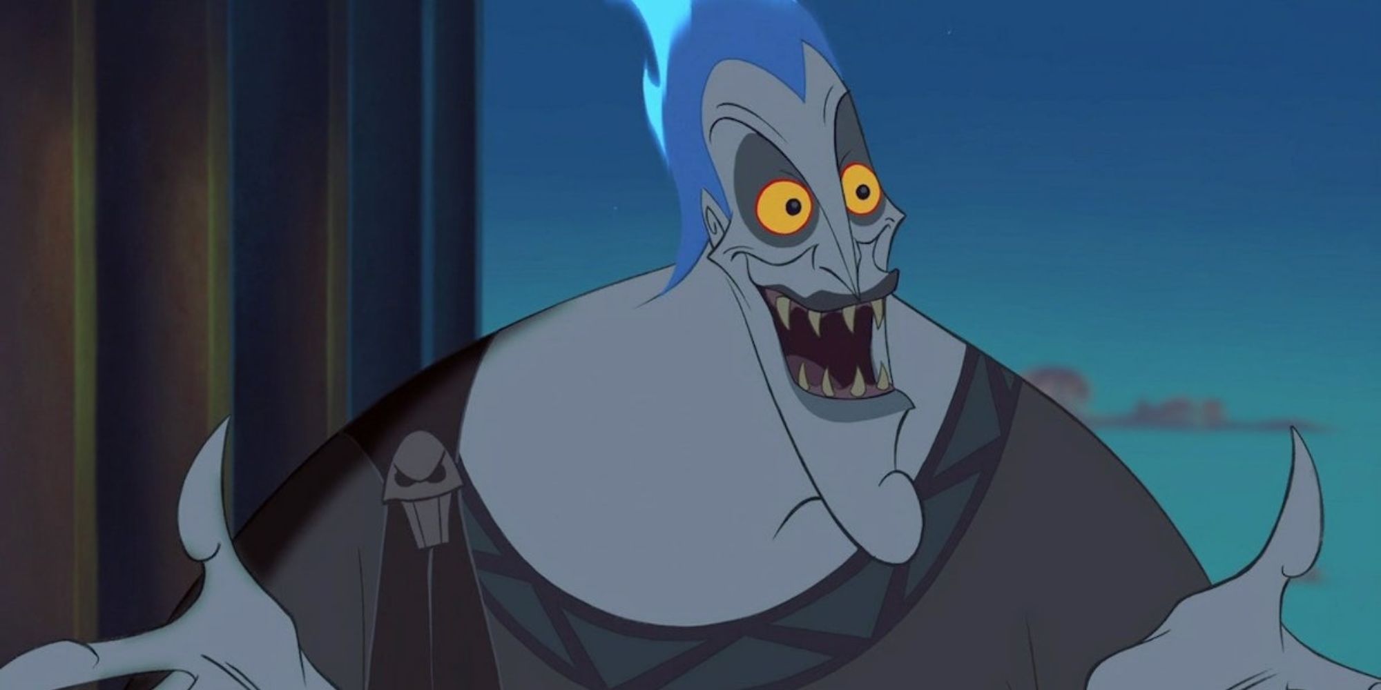 close-up of Disney's Hades with his mouth open