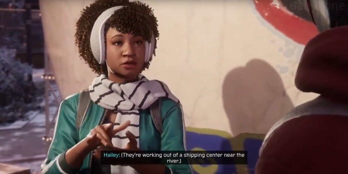 Screenshot of Hailey Cooper signing in ASL to Miles Morales in Marvel's Spider-Man