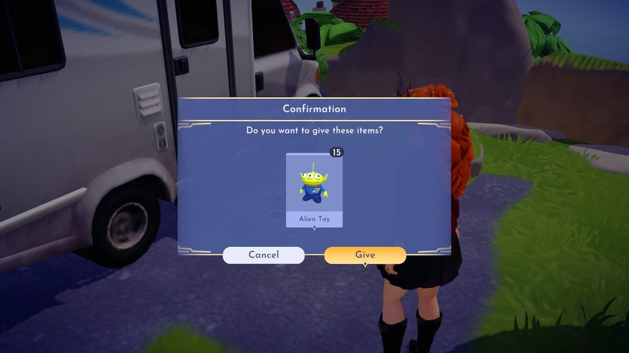 Handing the alien toys over to buzz in Strangers From The Outside in Disney Dreamlight Valley