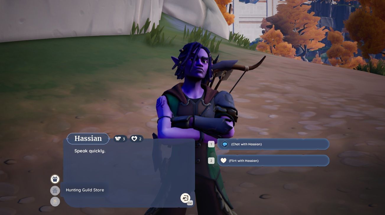 Player character selecting the Hunting Guild Store while speaking to Hassian in southern Bahari Bay in the early morning in Palia. 