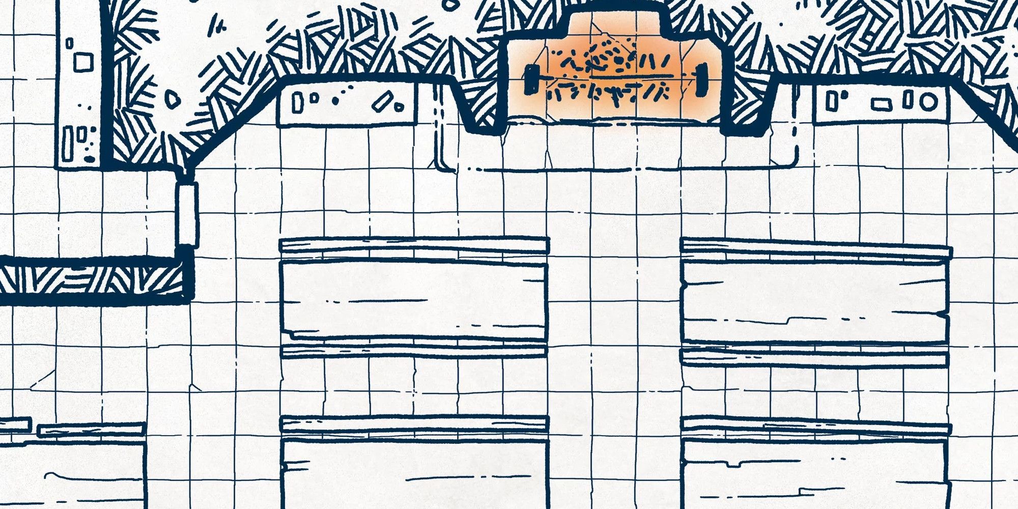 Pencil sketch style map depicting the great hall of a massive castle. At the north end is a huge hearth. In front of the hearth are several large tables with benches.