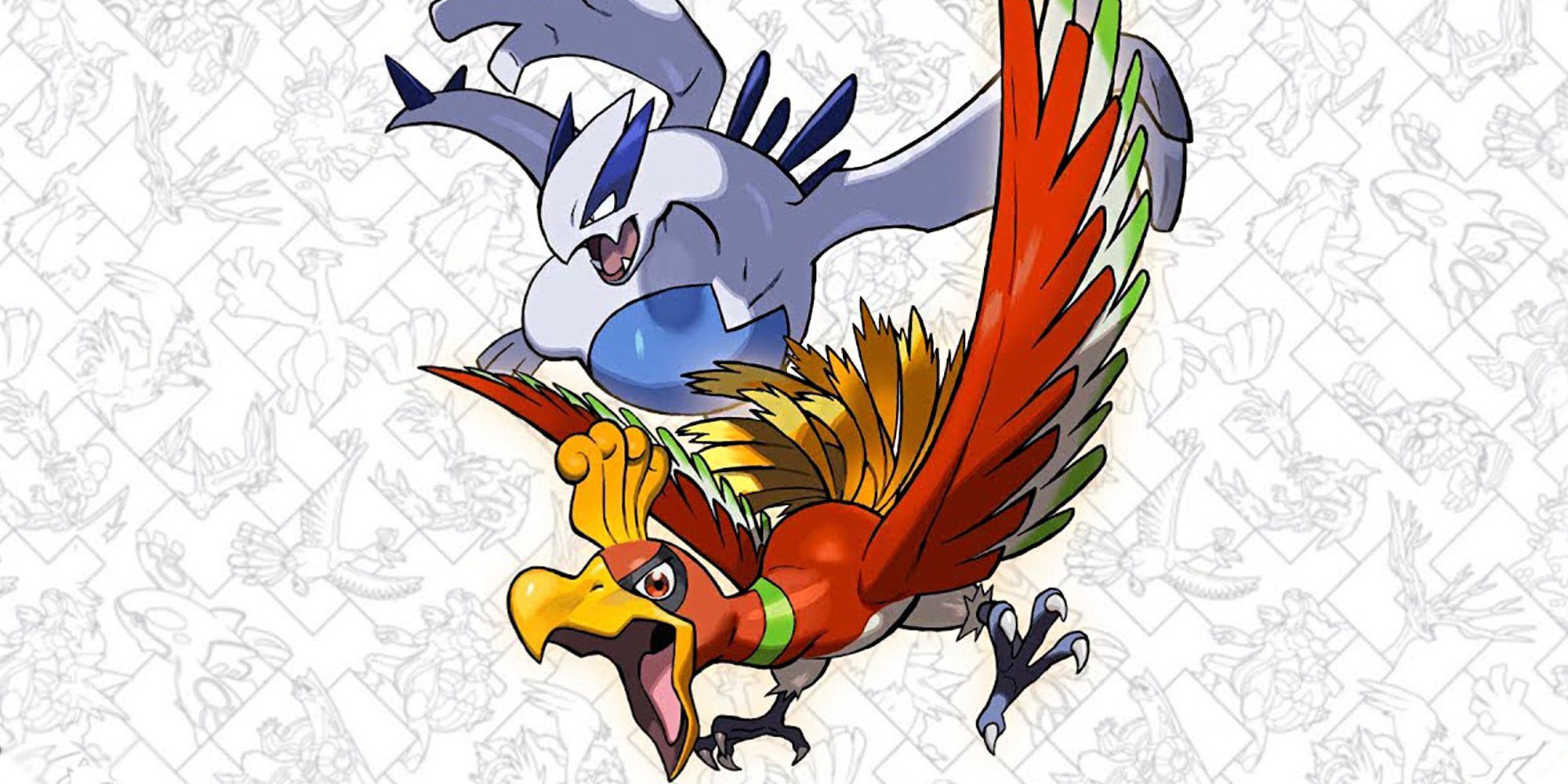 Ho-Oh pictured flying forwards with Lugia hanging around in the background.