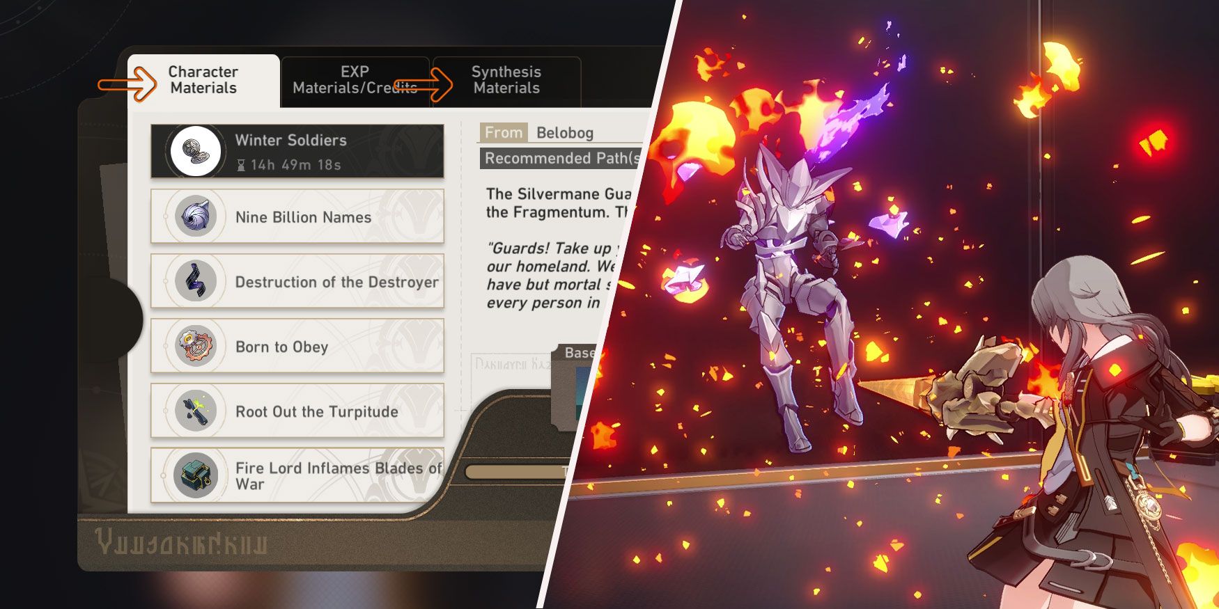 Honkai Star Rail split screen, assignments view and entering a fight with female trail blazer and an antimatter legion mob.