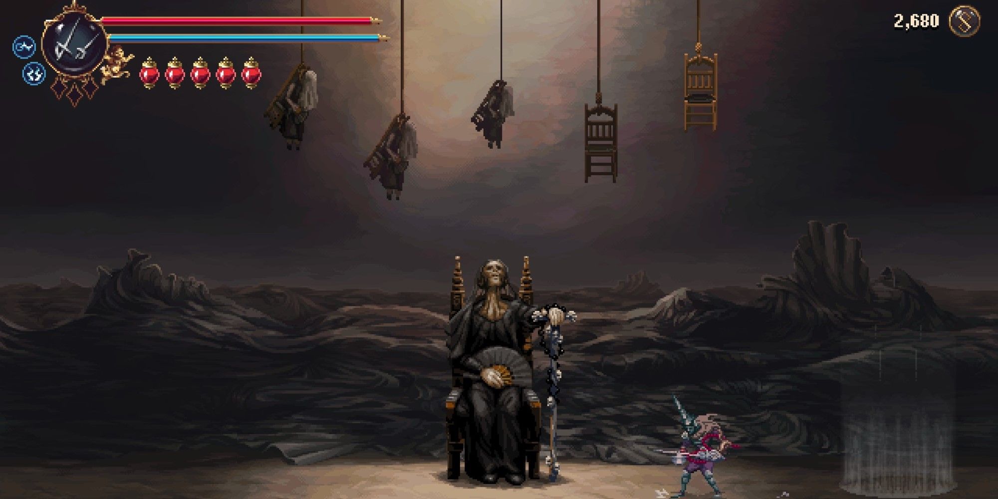 A screenshot showing the House of Grief and Hatred from Blasphemous 2