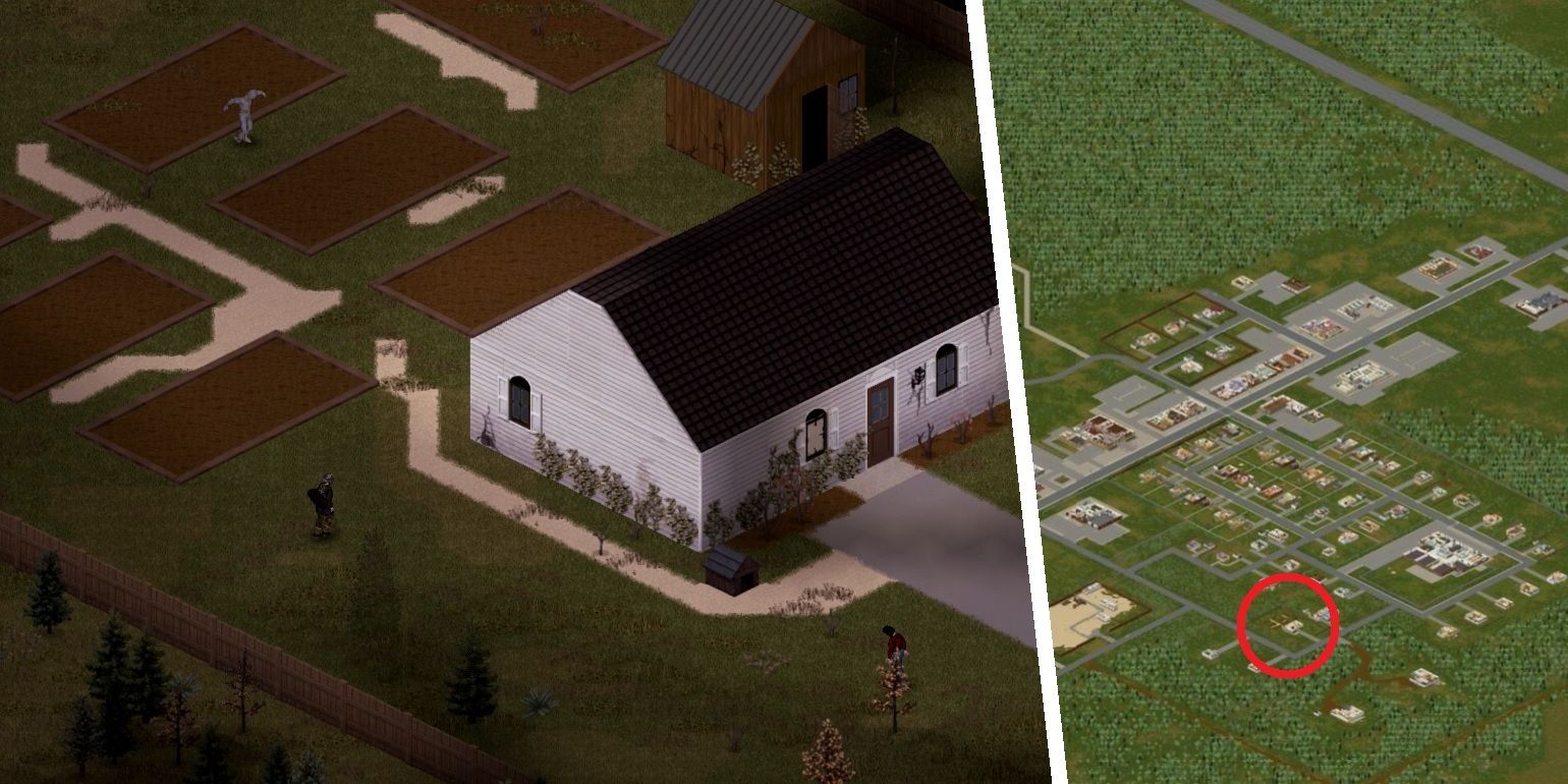 Split image of a House with Farmed Land and Rosewood from Project Zomboid