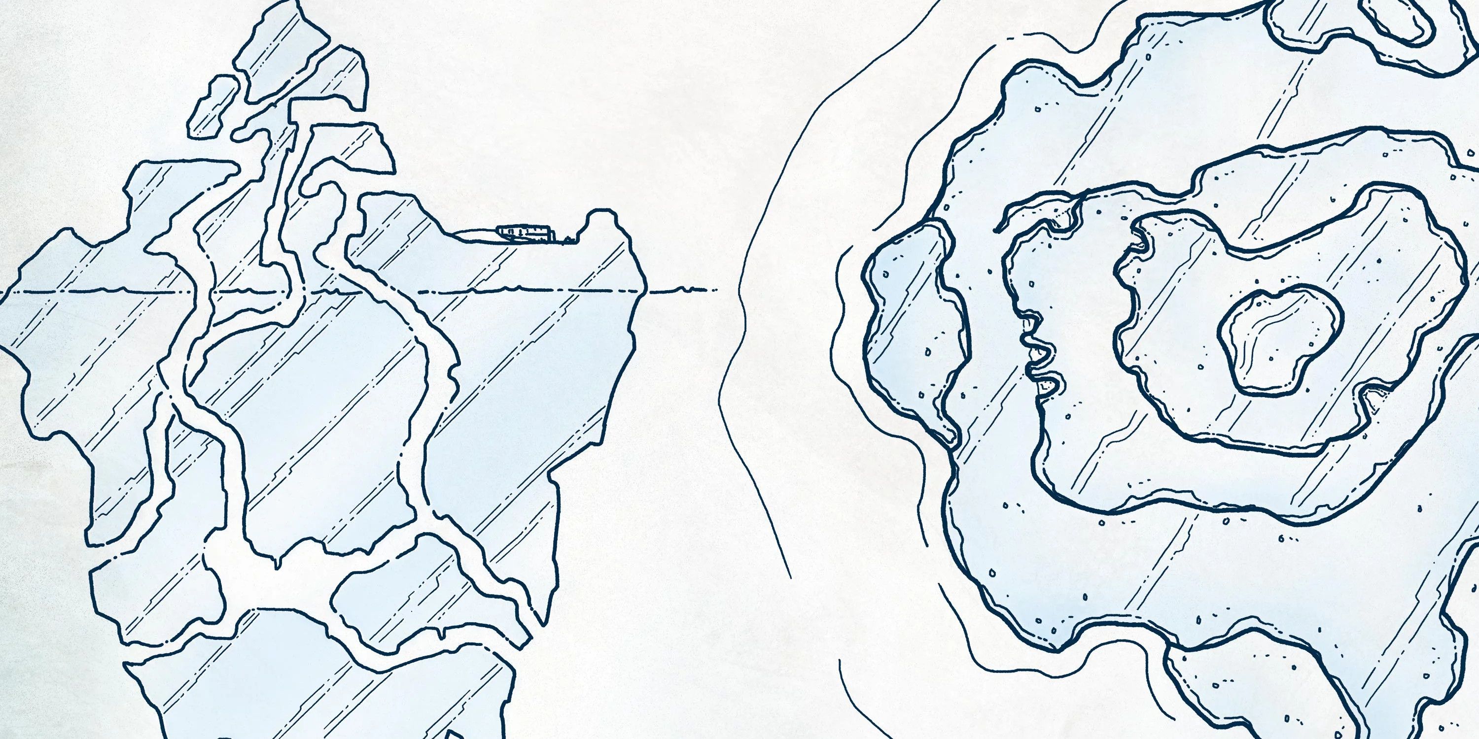 Pencil sketch style drawing of an iceberg. The left half is a cross-section while the right half of the image is a top-down view.