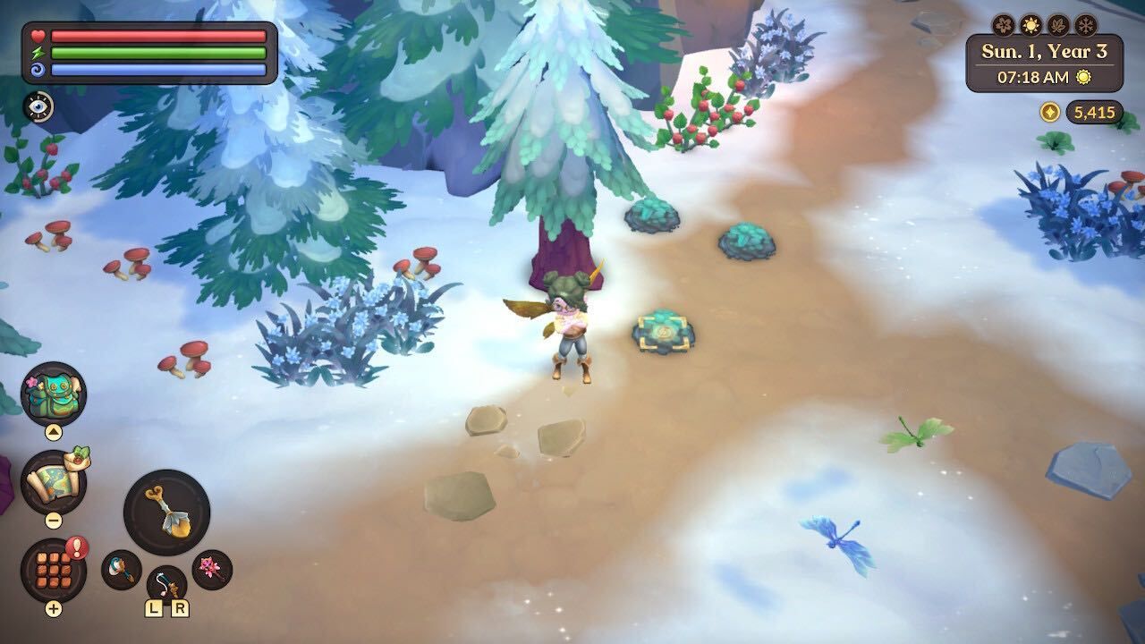 a farmer with summer foraging items in the mountains fae farm seasons