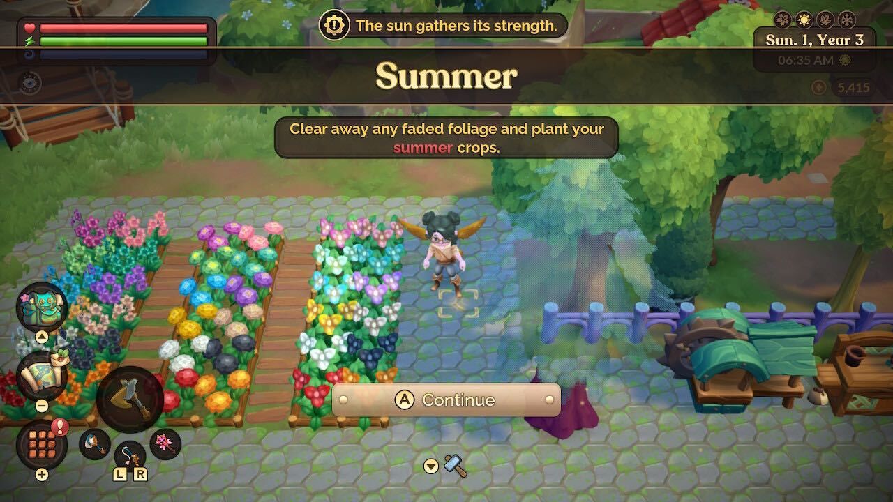 a farmer in the flowers and trees at the start of summer fae farm seasons