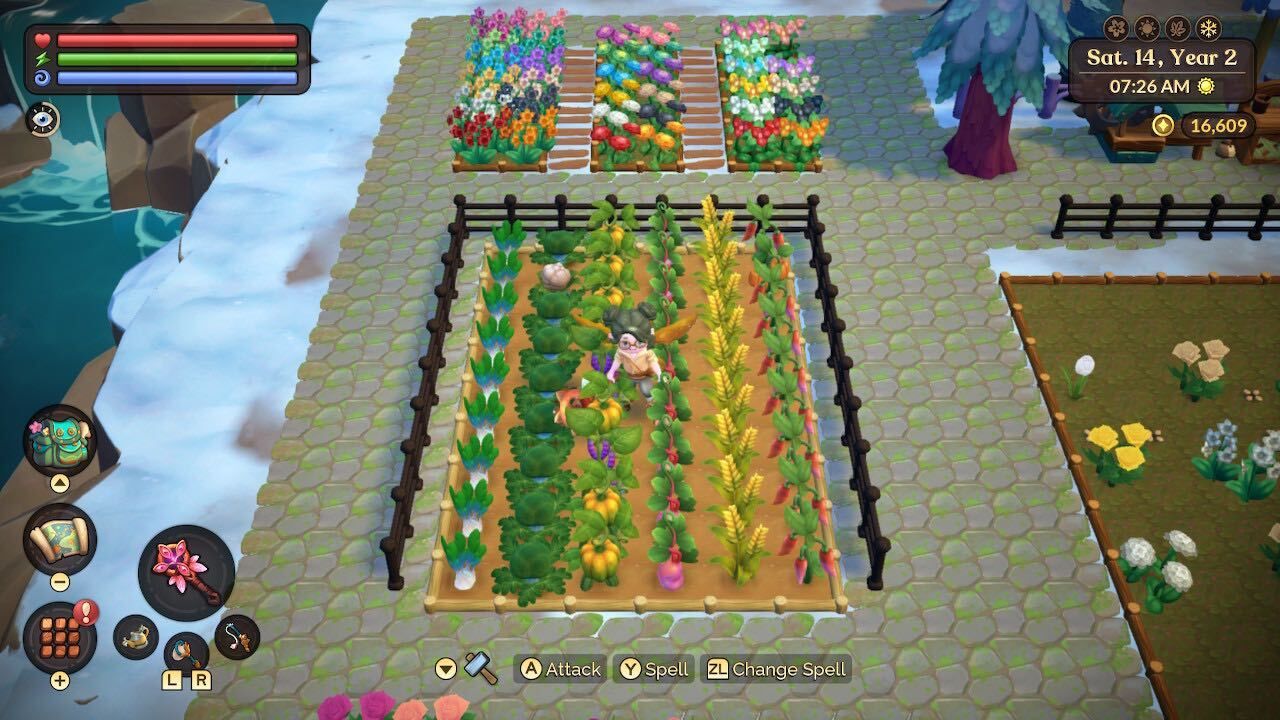 a farmer with all the winter crops and several flowers in fae farm seasons