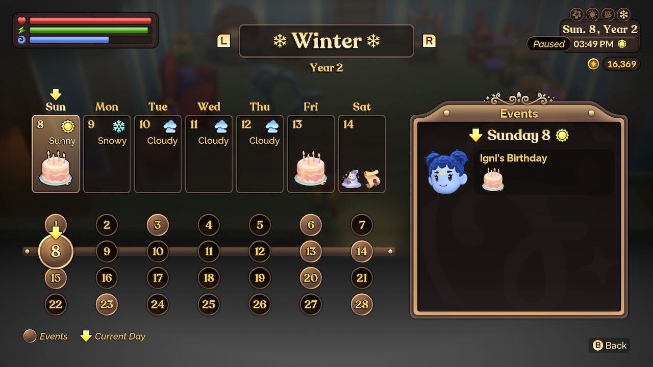 a calendar view of winter showing igni's birthday fae farm seasons