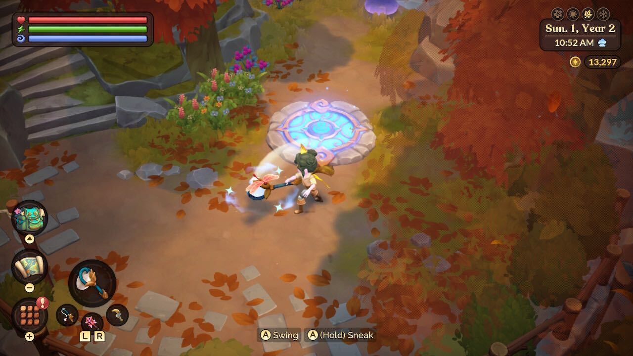 a farmer catching critters in the autumn by the west town portal fae farm seasons