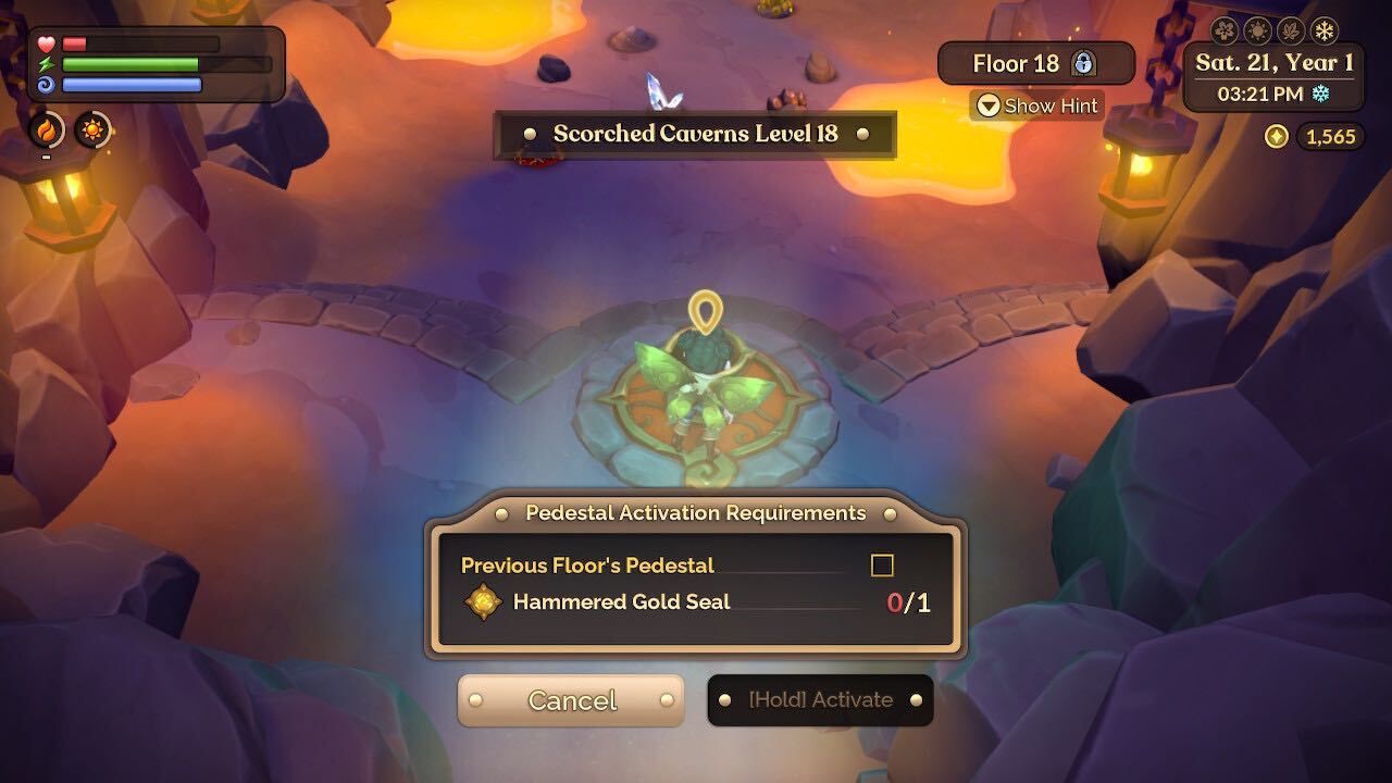a farmer using a hammered gold seal on floor 18 of the scorched caverns fae farm