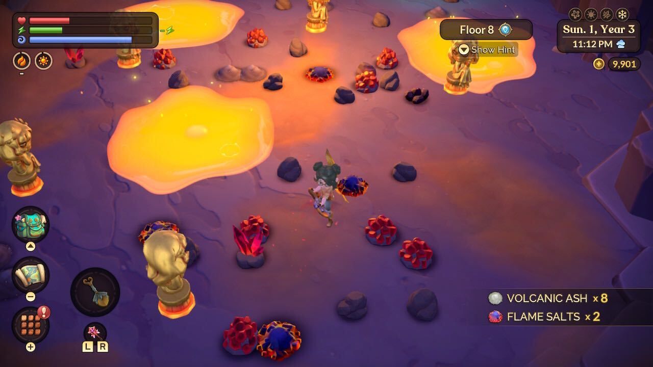 a farmer in the scorched caverns with rubies, orichalcum, flame salts, stone, and coal fae farm scorched caverns guide