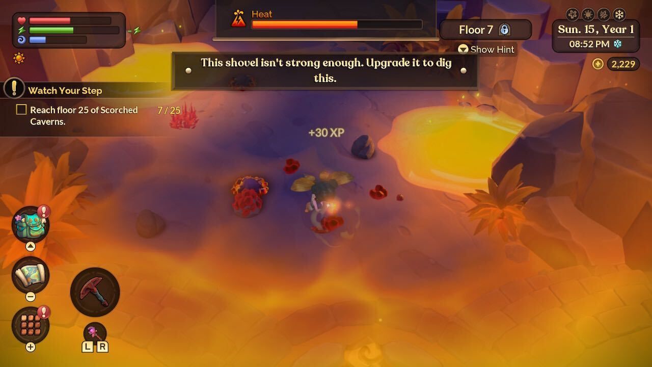 a farmer struggling with heat in the scorched caverns and not being able to dig up flame salts fae farm scorched caverns guide