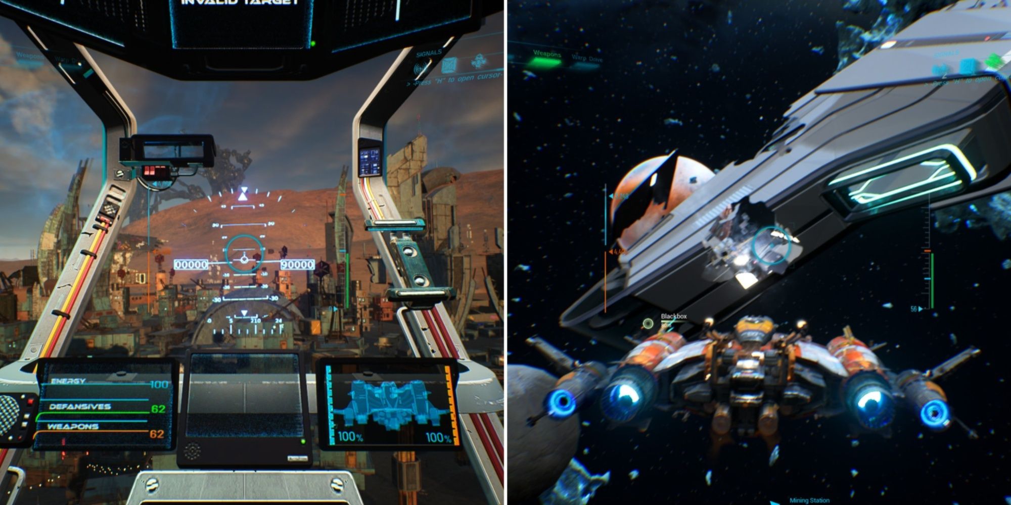Spacebourne 2 footage of a ship cockput over a brown planet and a 3rd person view of a ship in space.