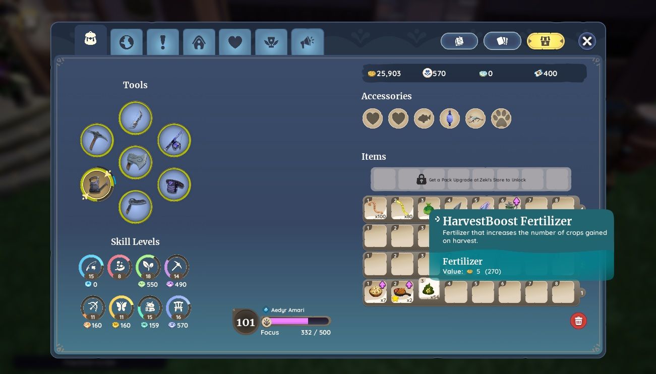Player character in their inventory, showing off a stack of fifty-four HarvestBoost Fertilizer ready to be put on crops in Palia.