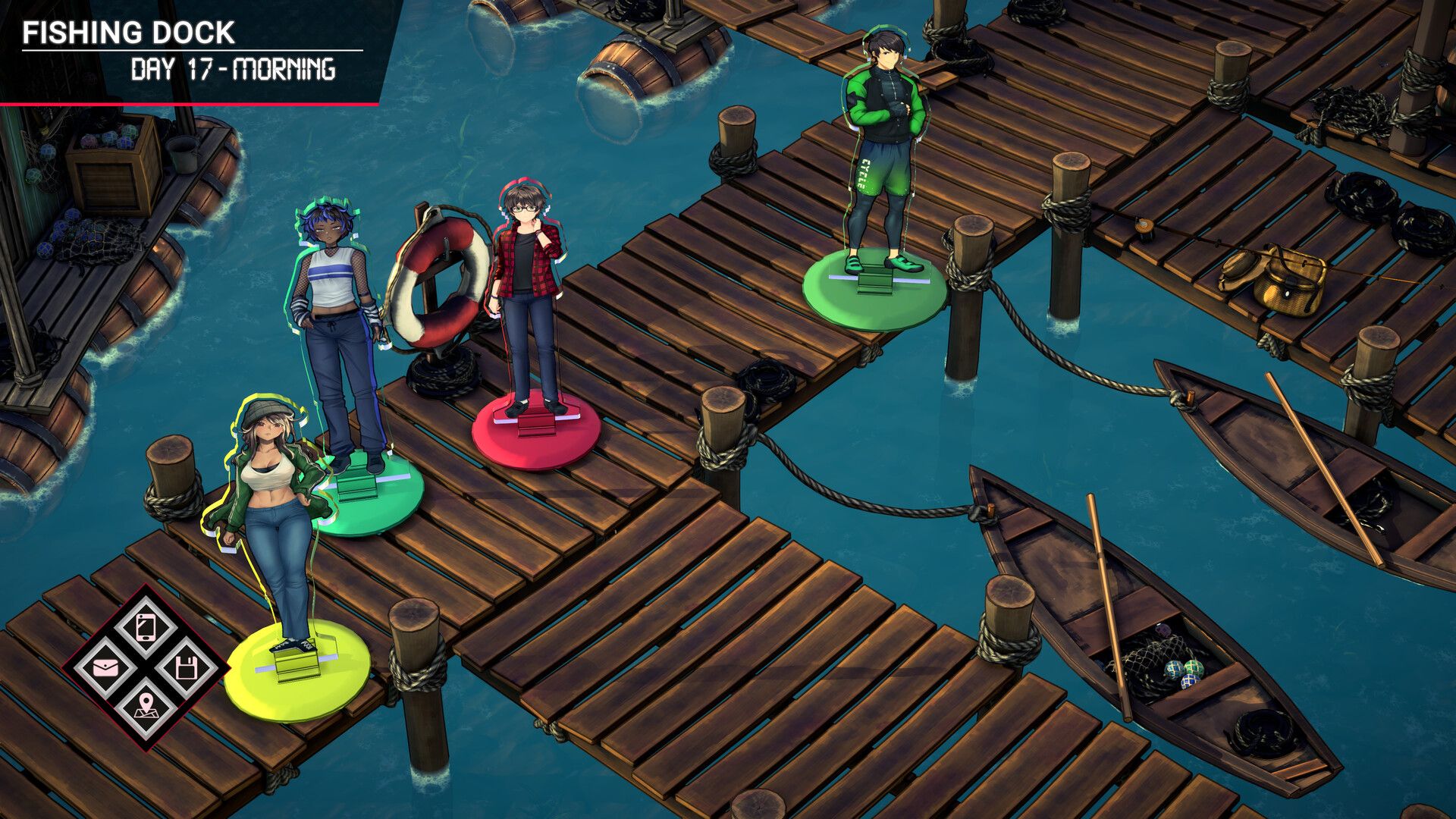 Inescapable characters as board game tokens on the docks.