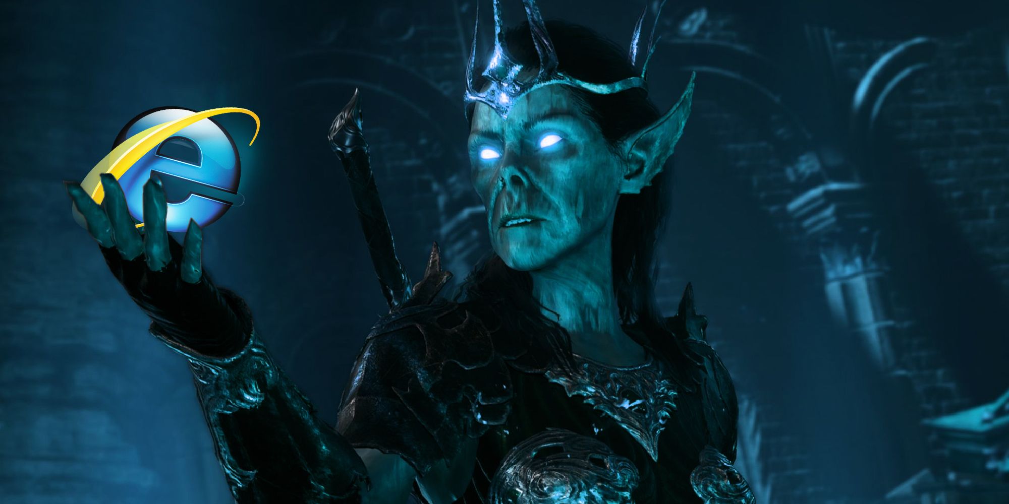 A Githyanki from Baldur's Gate 3 holds an Internet Exporer icon in their right hand.