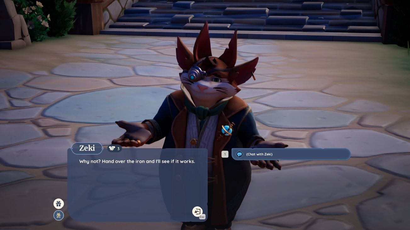 Player character speaking to Zeki and giving him an Iron Bar during a quest and Zeki accepts it in Palia.