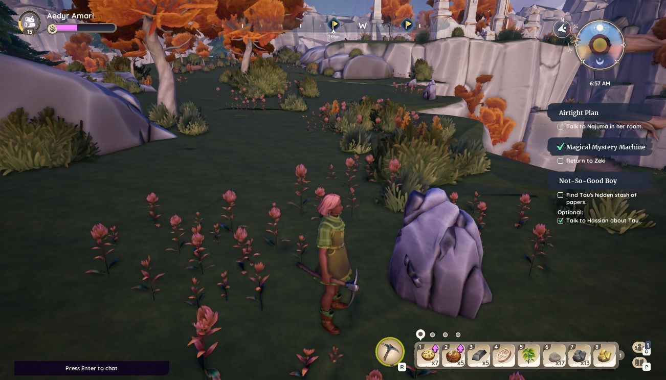 Player character standing next to a large size Iron Ore node in southern Bahari Bay in the morning in Palia.