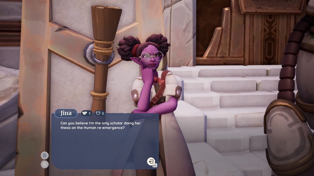 Player character speaking to Jina in the Night Sky Temple where she appears after the Vault of the Flames quest in Palia.
