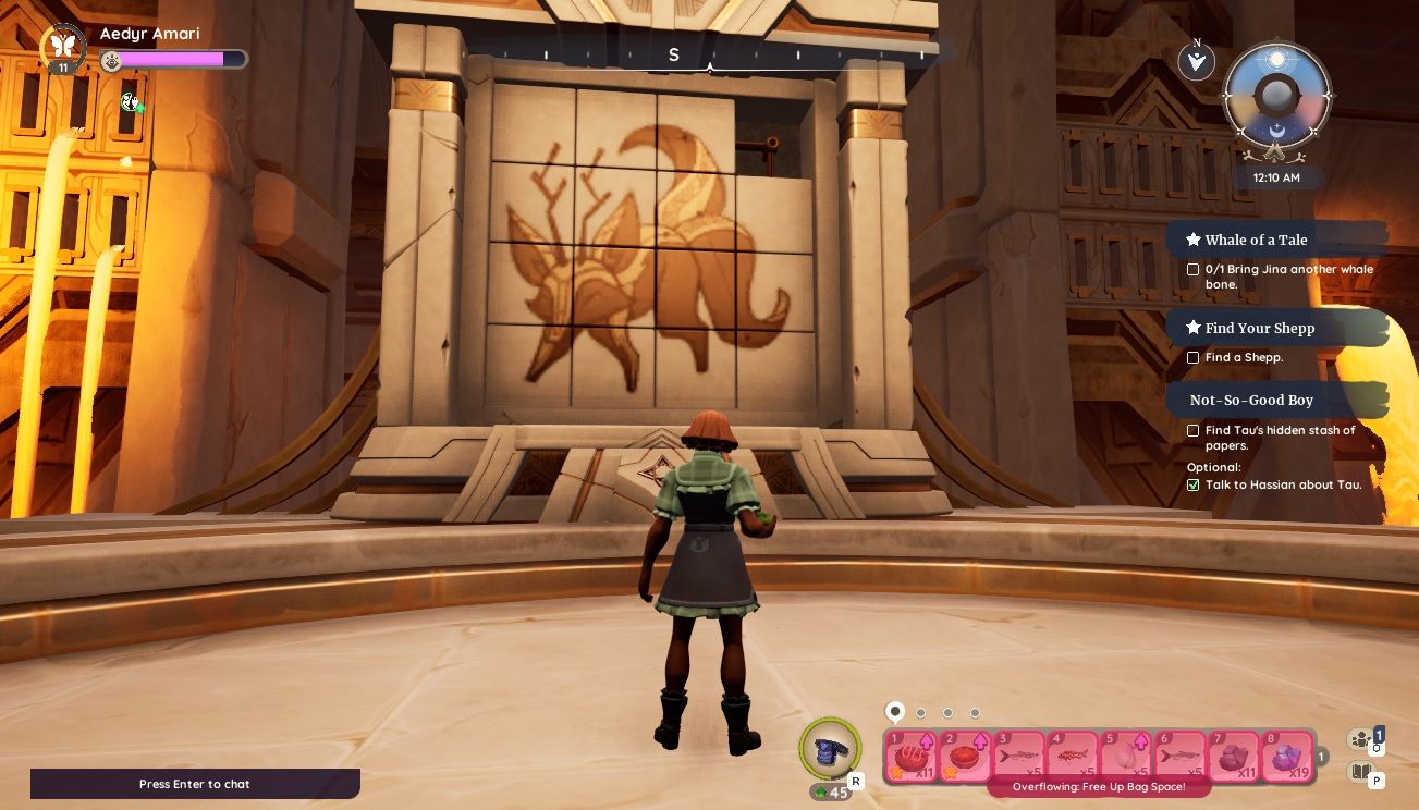 Player character standing next to the completed Kitsuu Puzzle in the Mysterious Chamber in the Vault of the Flames in Palia.