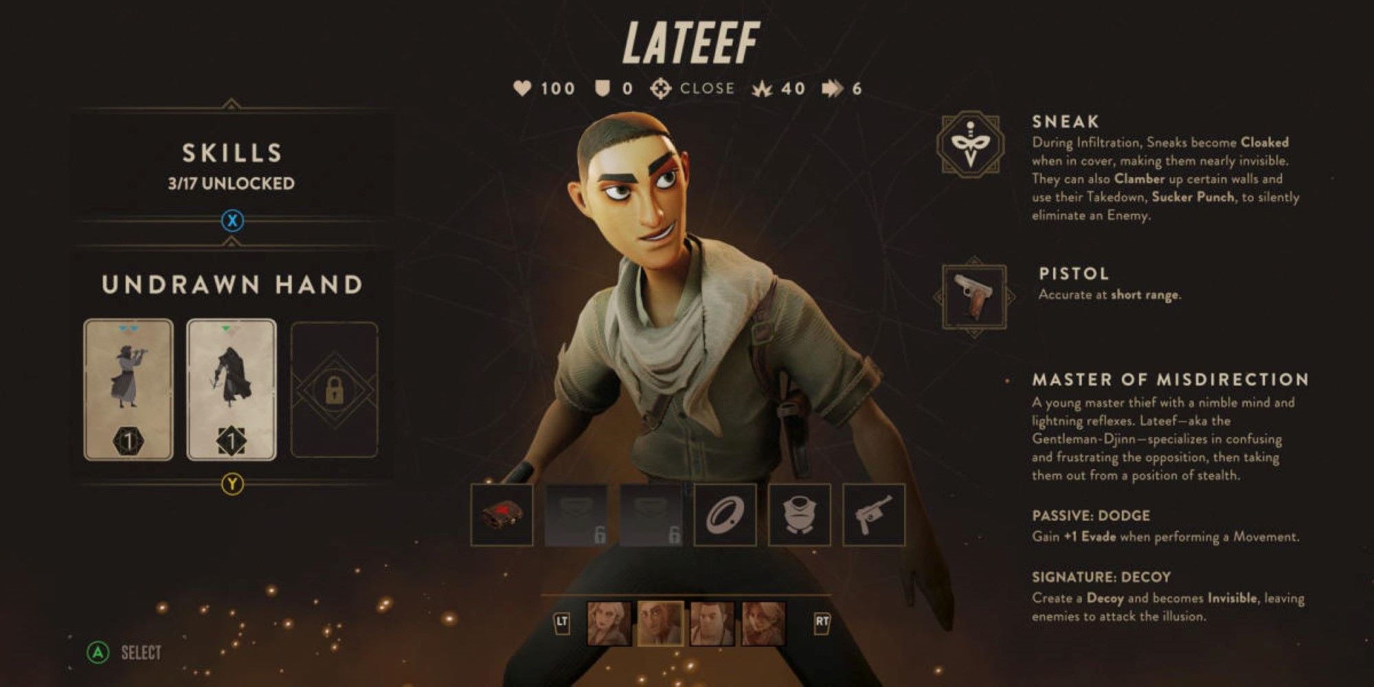 Lateef's skill menu in The Lamplighter's League