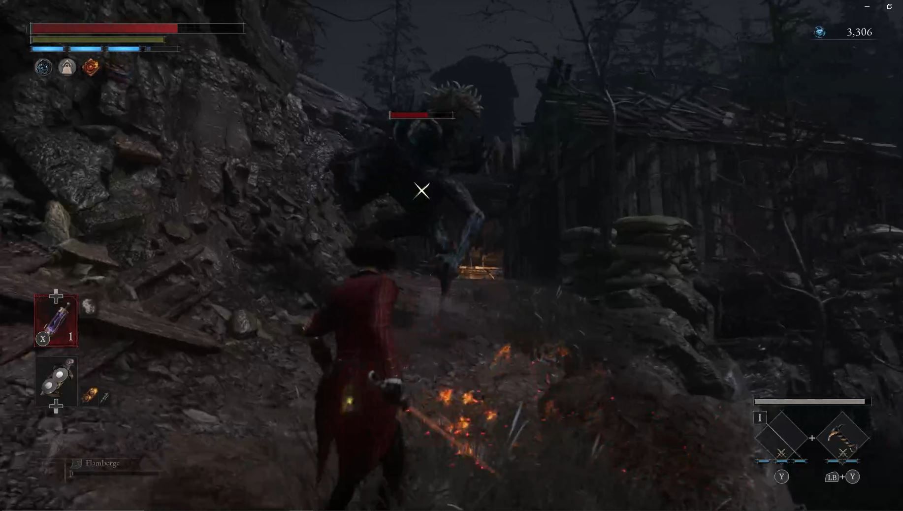 P Fights Sawblade Carcass miniboss on hill ledge with flaming rapier in Lies of P