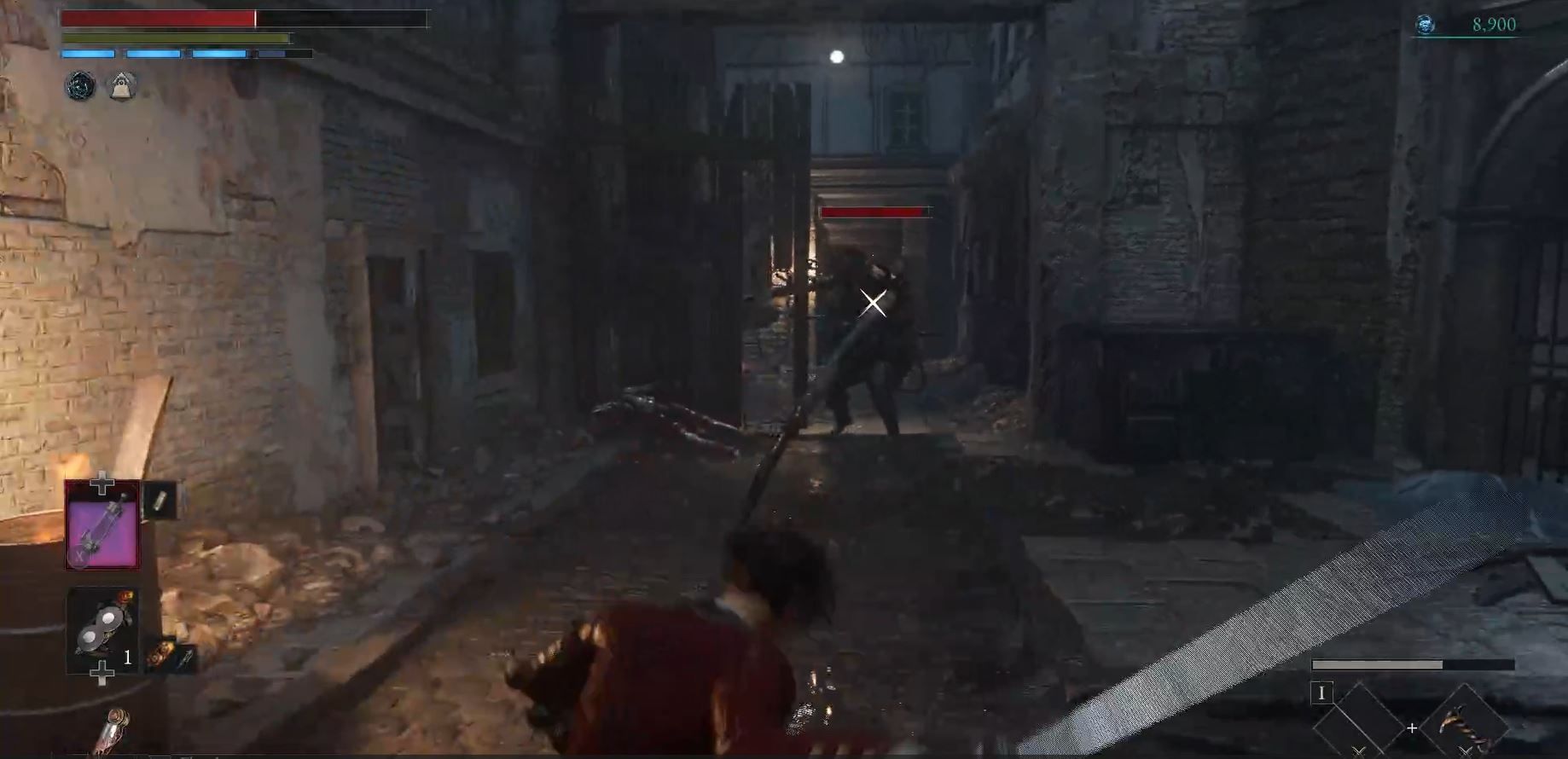 P is stabbed by long arm reach of the lobster carcass enemy in Lies of P