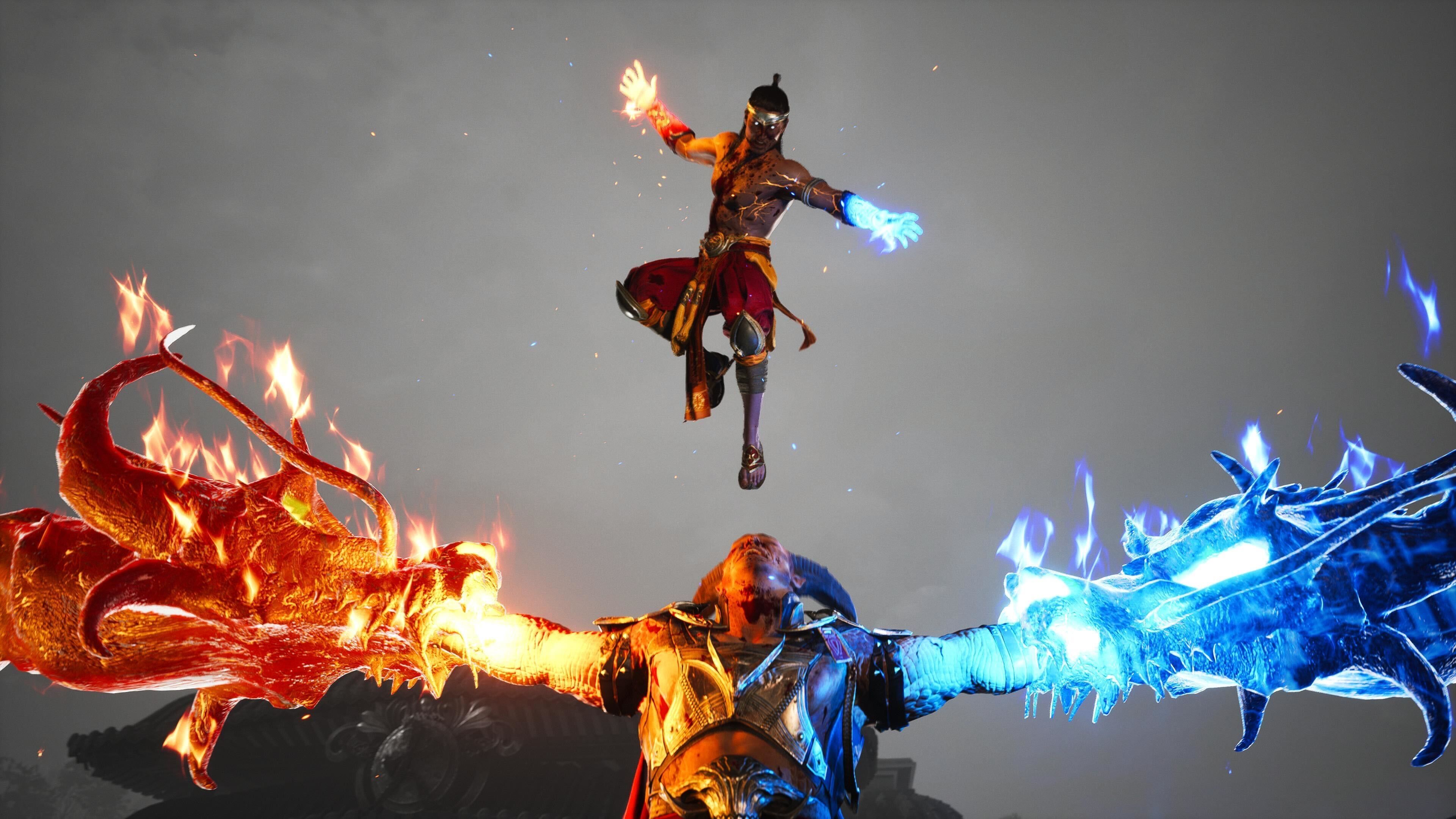 Liu Kang splitting an enemy in two with two dragons in Mortal Kombat 1.