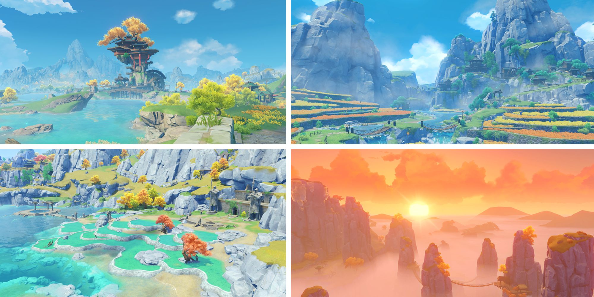 four panel scenic shot of different locales in Liyue