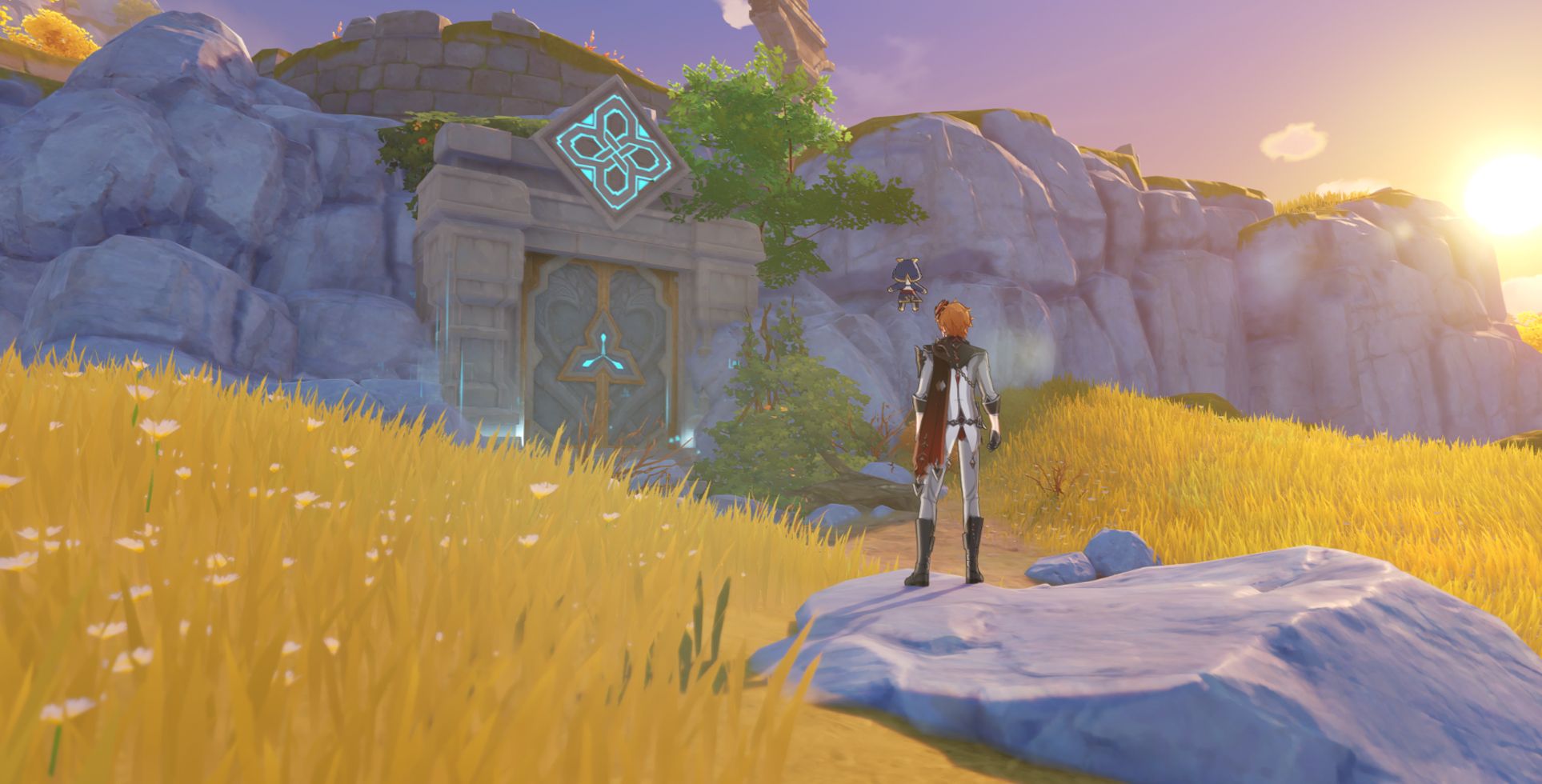 landscape shot of a character standing in front of a one-time Liyue domain, sunset