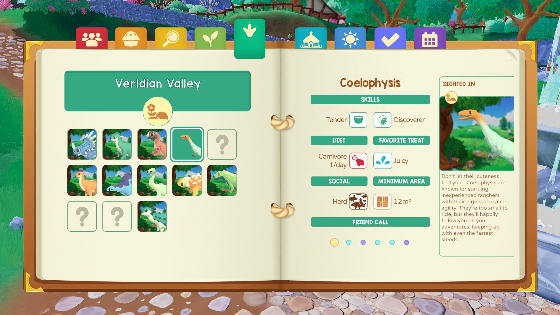 Looking at a dinosaur's page in the journal in Paleo Pines