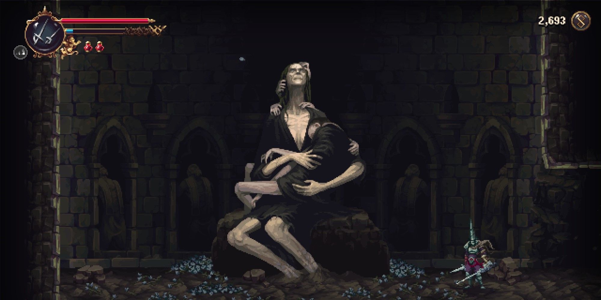 A screenshot showing the Lullaby Woman from Blasphemous 2