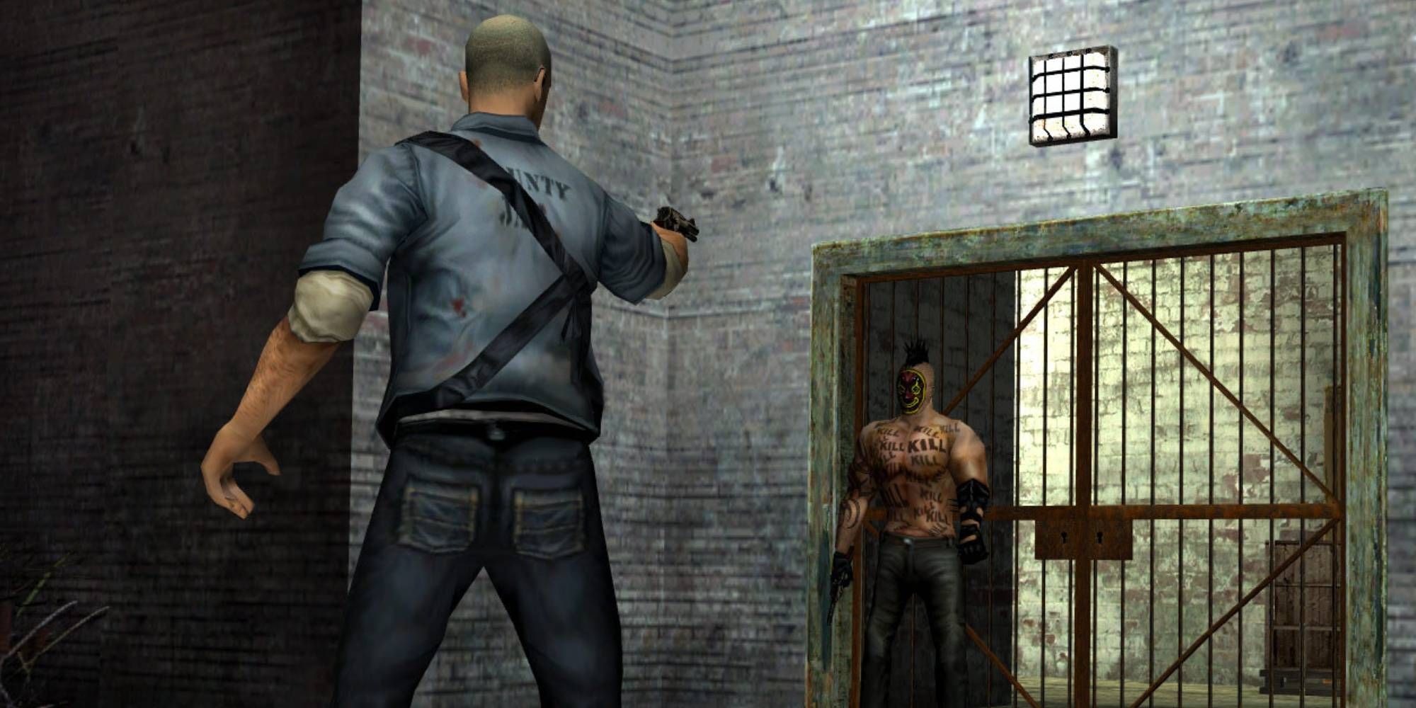 A man aims a gun at another who has a permanent smiley on their face