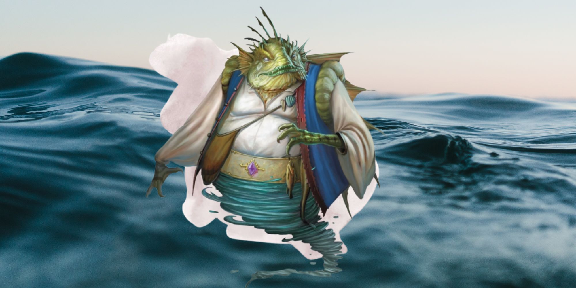 A fish-face genie with green scales against an ocean background