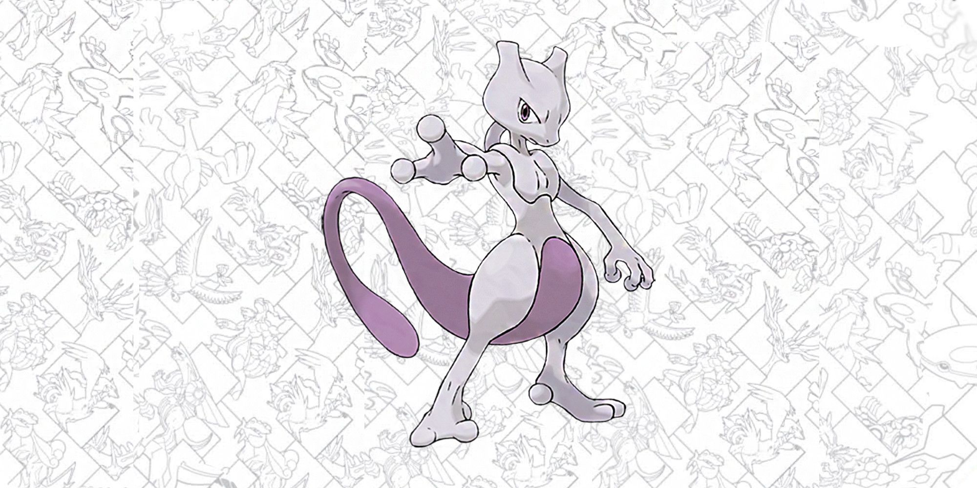 Mewtwo pictured on a Pokemon stencilled background.