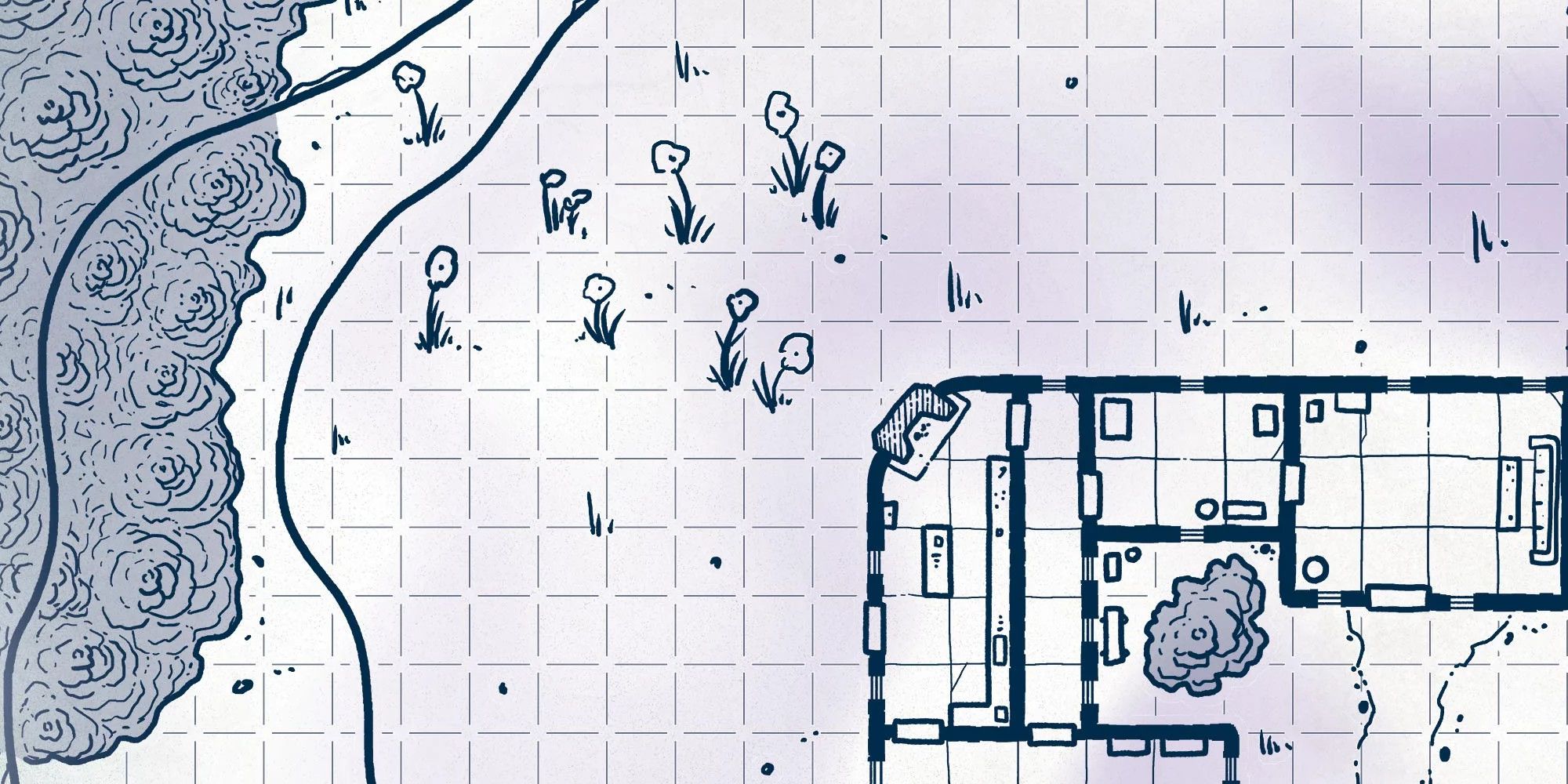 Pencil sketch style grid map of the edge of a building. There are a few rooms mapped out in the southeast portion of the map, while a flowering meadow near a wooded area makes up the western map.