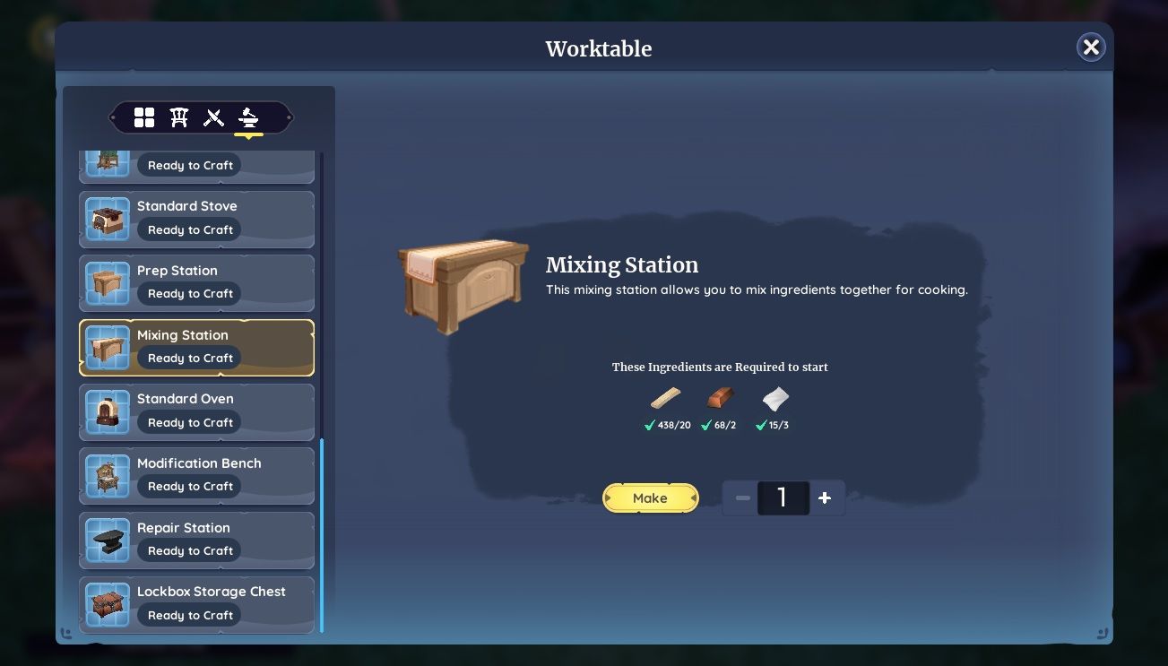Player character in the workbench UI and showing the Mixing Station recipe and ingredients in Palia.