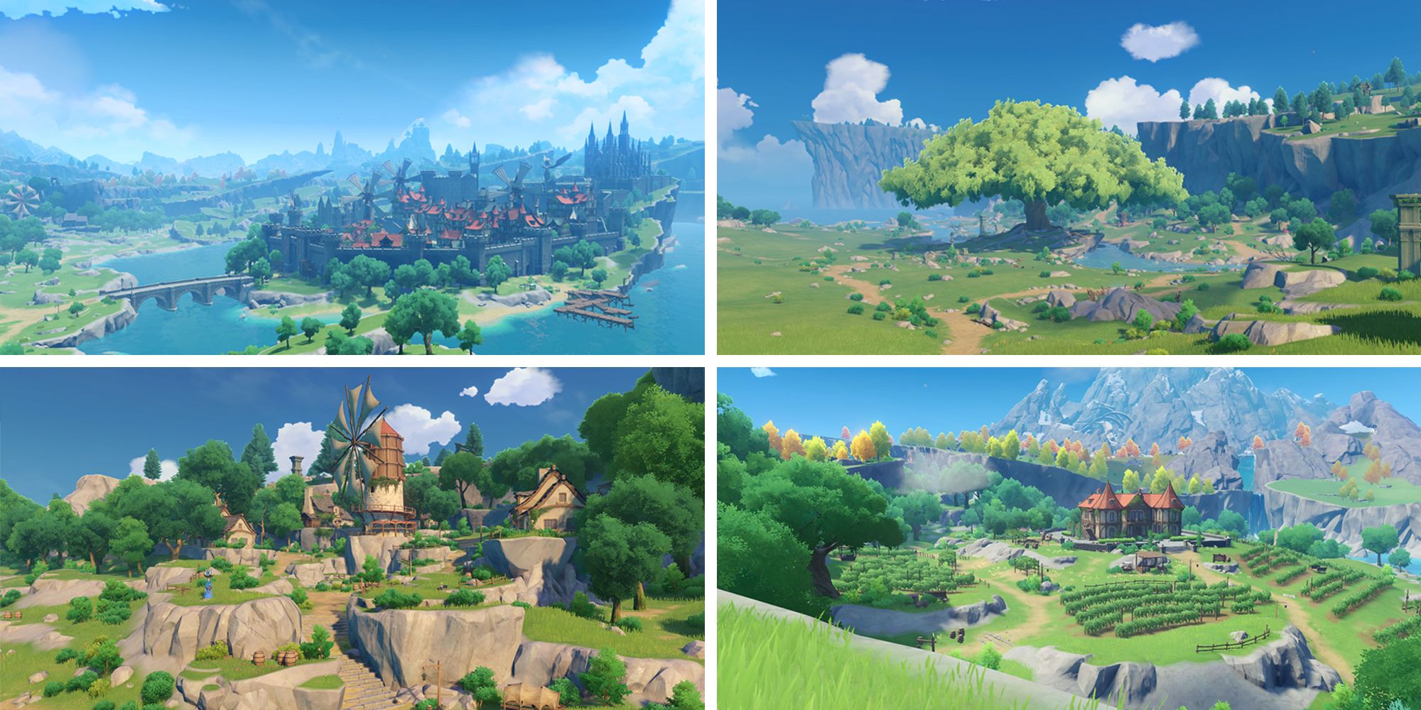 four panel image featuring various scenic shots of Mondstadt