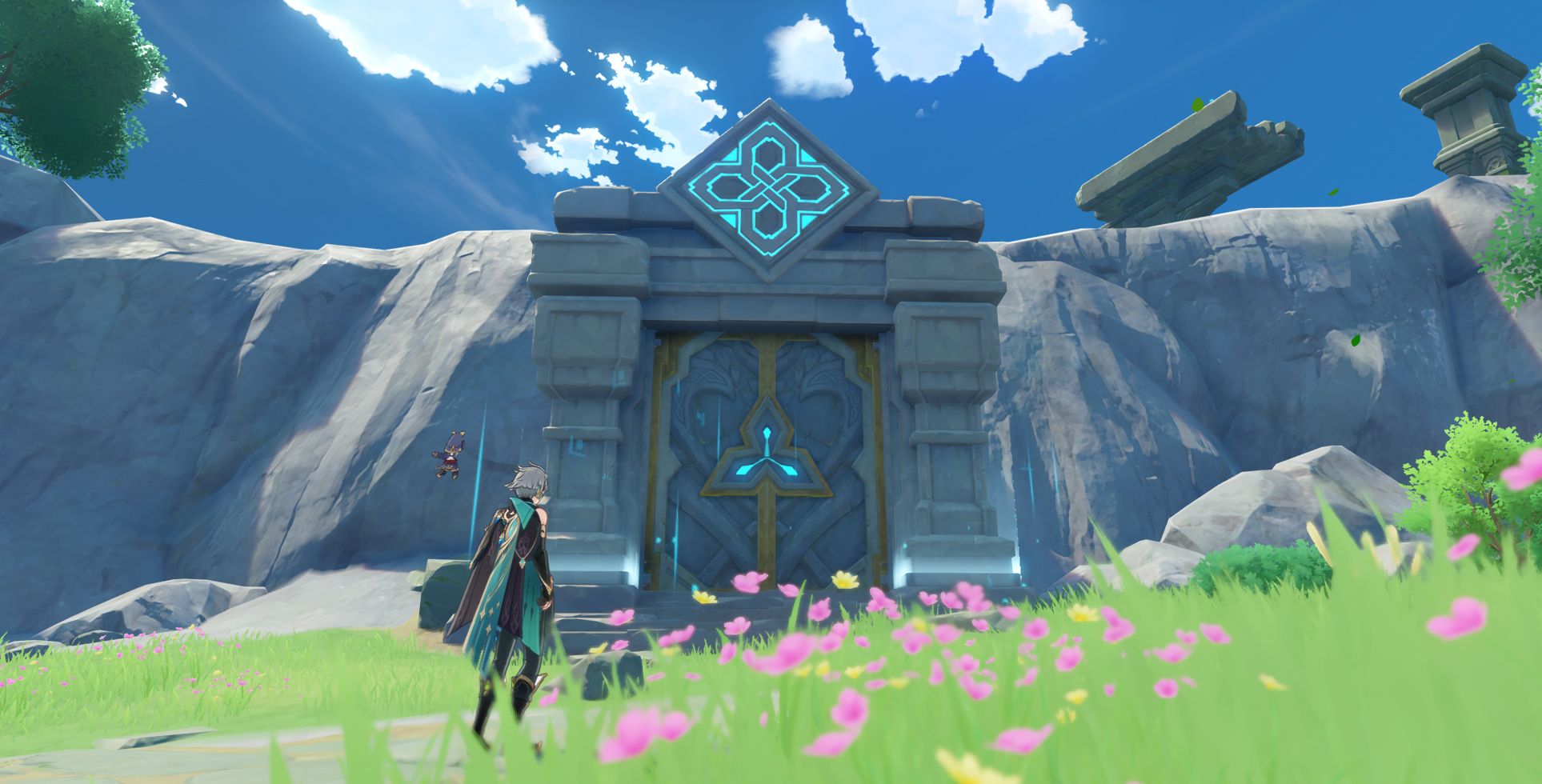 Alhaitham standing in front of the Temple of the Wolf Mondstadt domain
