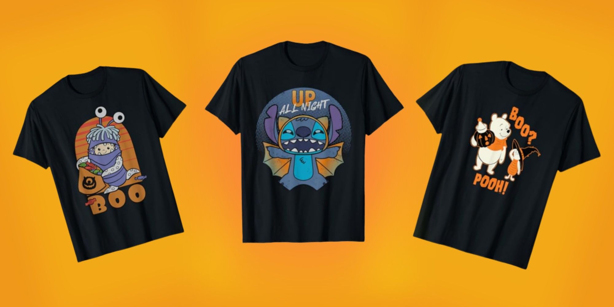 Monsters Inc, Stitch, and Winnie the Pooh tshirts on an orange and yellow background