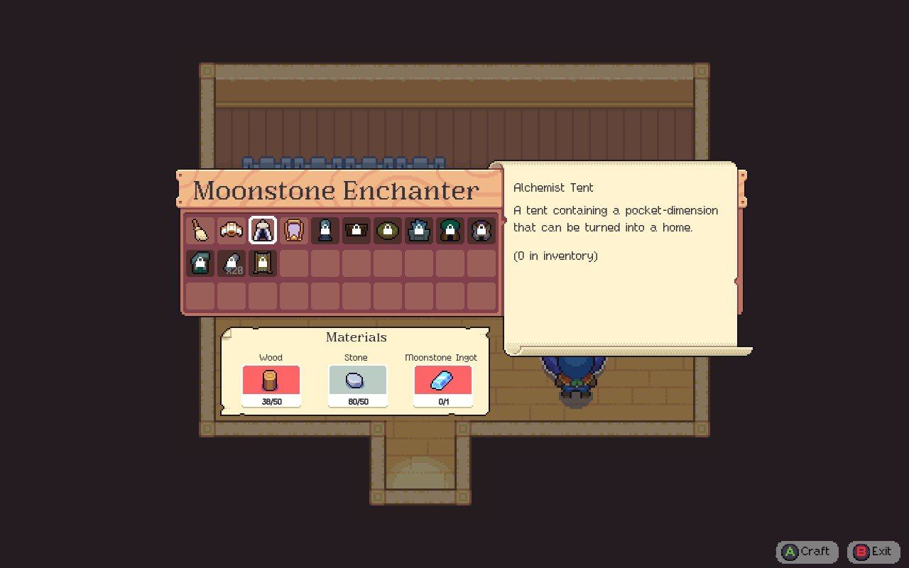 The Moonstone Enchanter crafting menu displaying the crafting recipe for the Alchemist Tent.