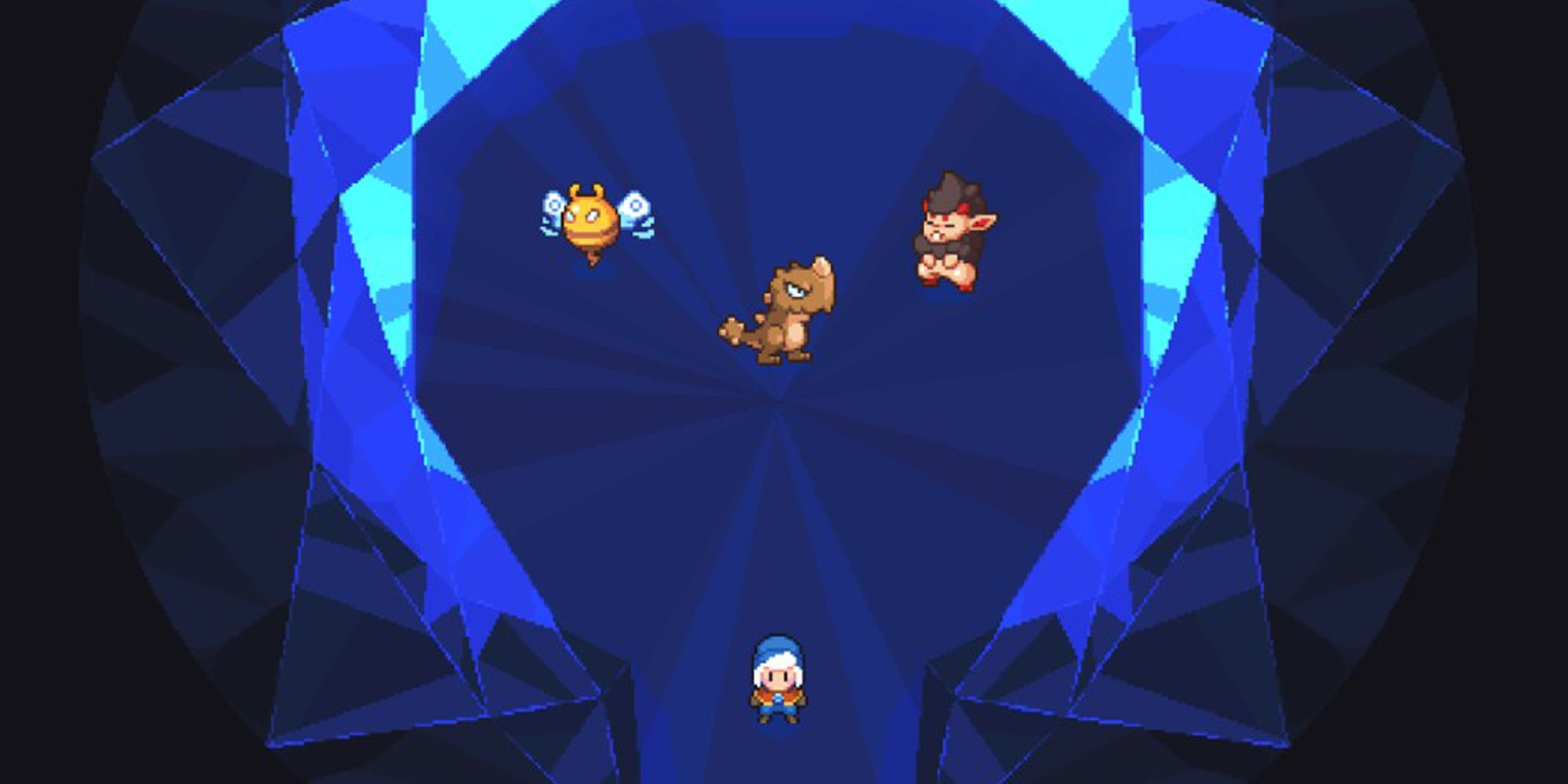 The player standing in front of the three starter spirits in Moonstone Island.