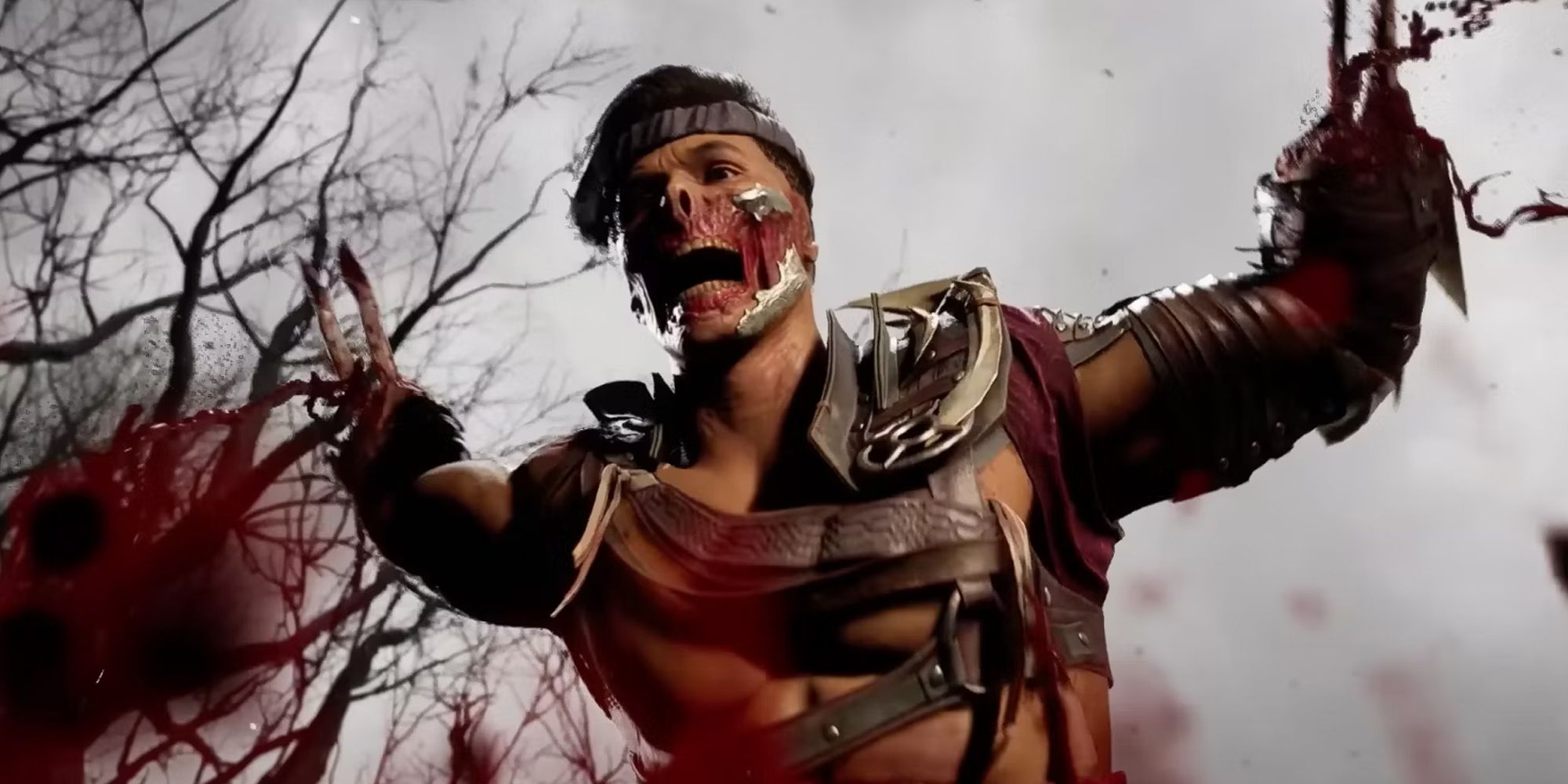 Mortal Kombat 1 Havik regrowing his arms as blood spews onto the camera