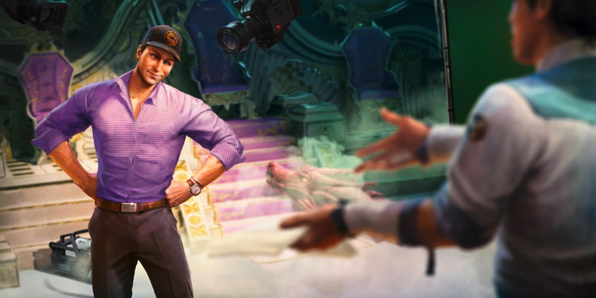 Johnny Cage stands on a film set in Mortal Kombat 1.