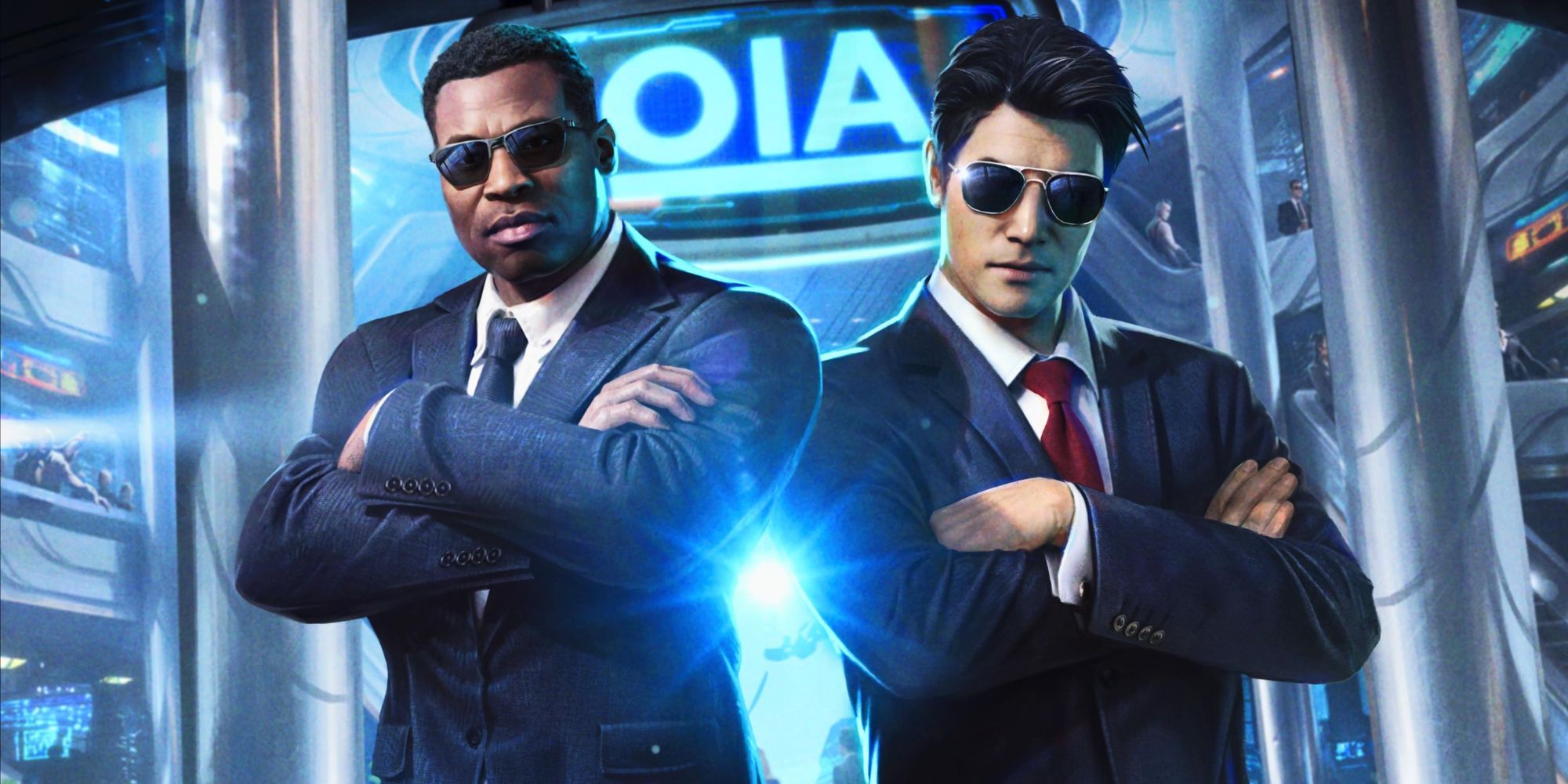 Kenshi and Jackson Briggs stand side by side while wearing suits in Mortal Kombat 1.