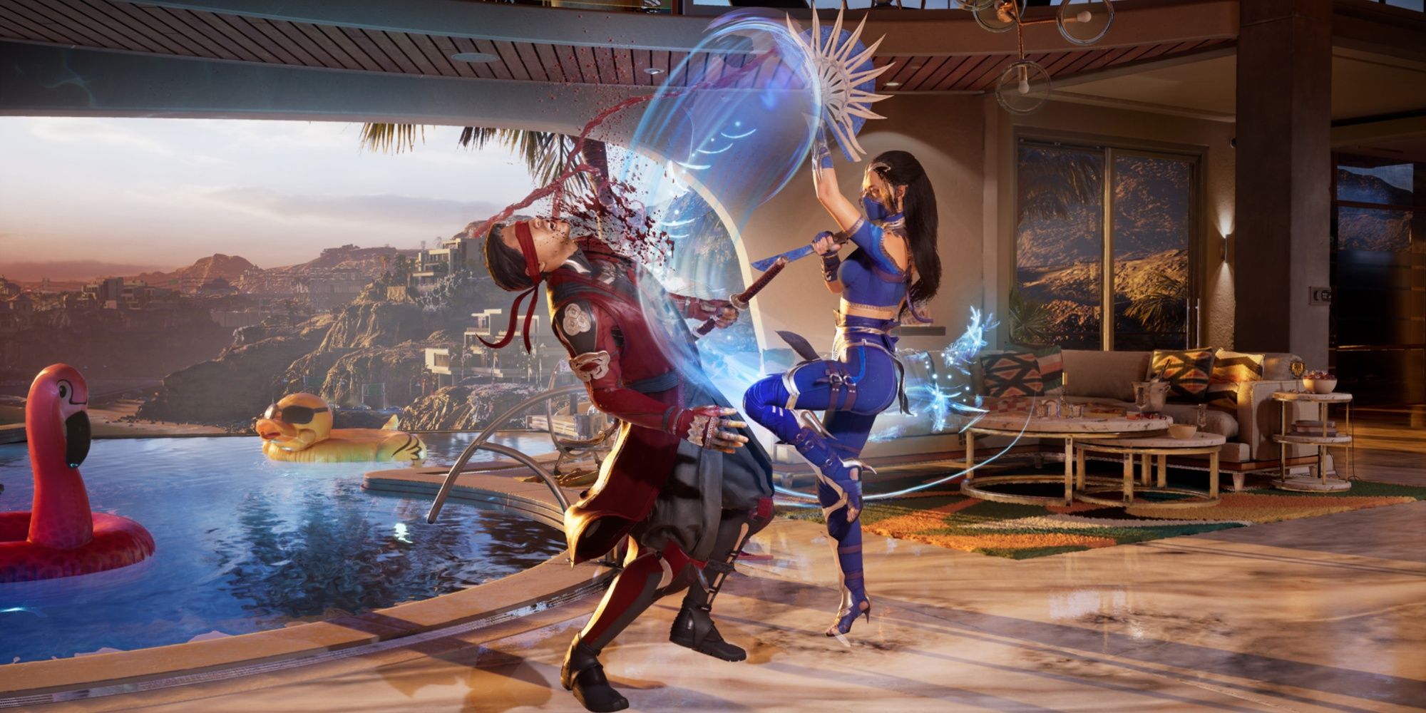 Kitana facing off against Kenshi in Mortal Kombat 1
